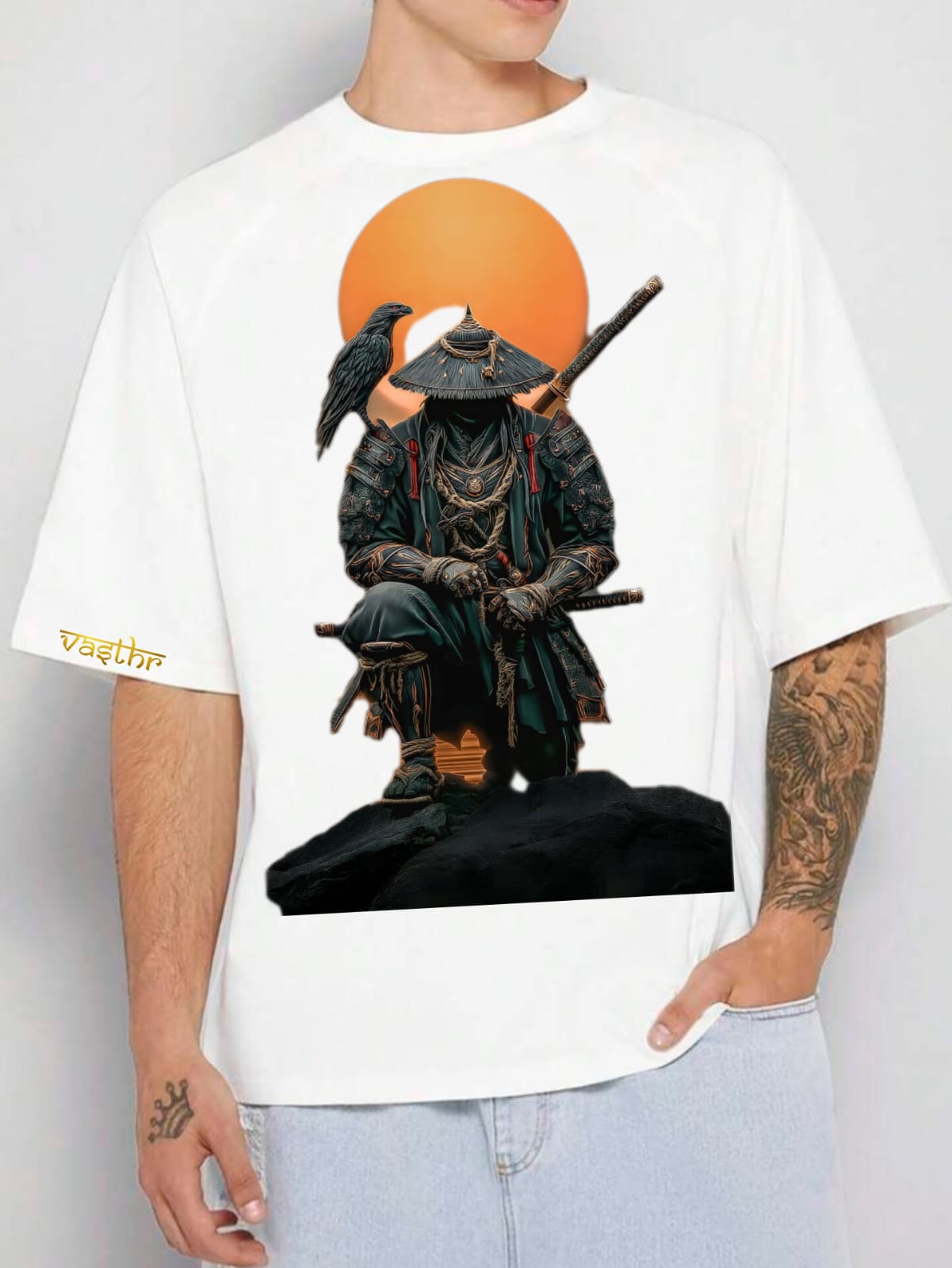 Vasthr x Samurai Warrior Oversized Graphic T-Shirt- White