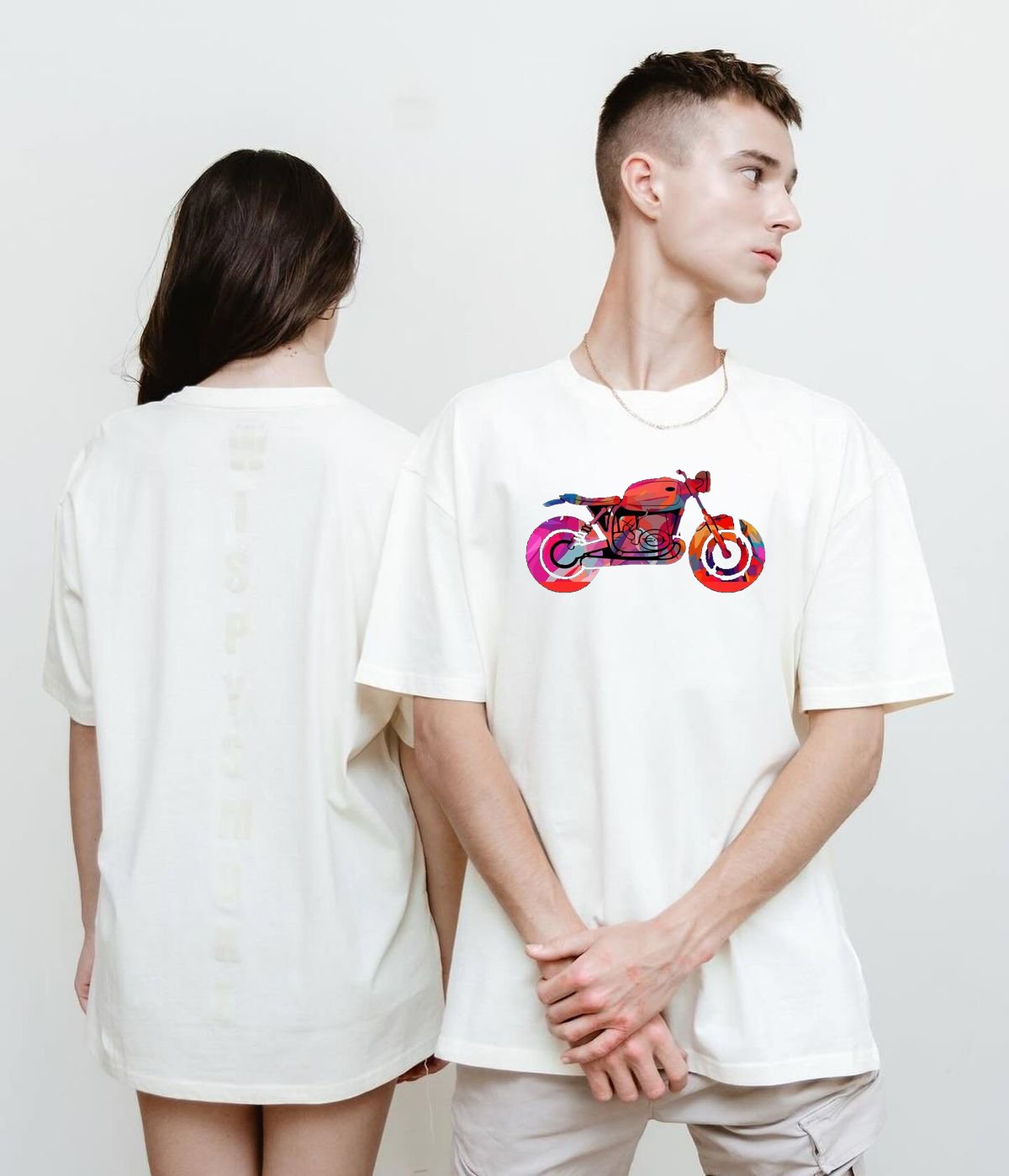 Colorful Motorcycle Graphic T-Shirt for Men & Women – White Oversized Tee By Vasthr