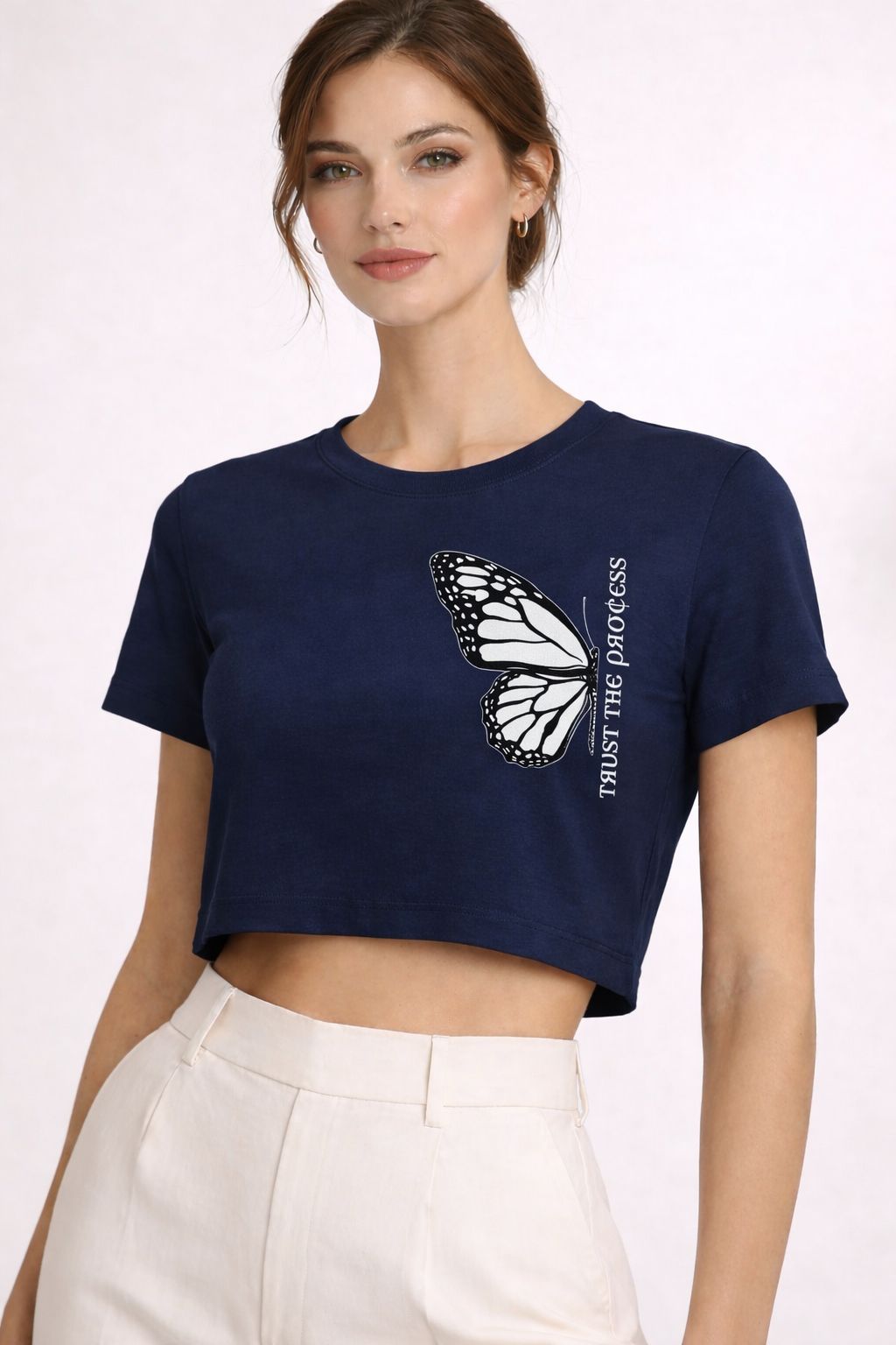 “Trust the Process” Butterfly Crop Top – Navy Blue by Vasthr