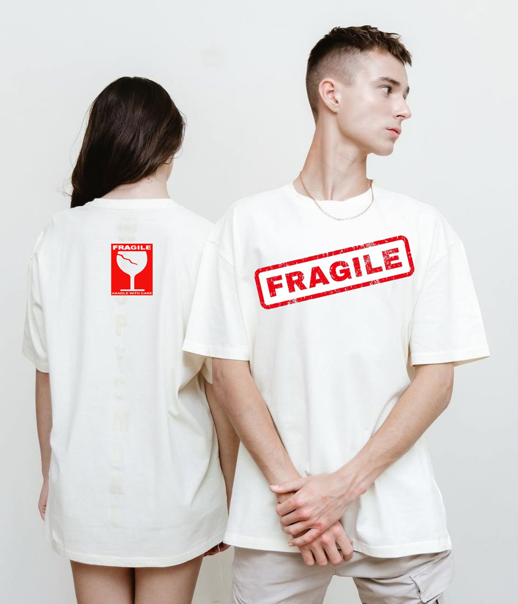 FRAGILE Oversized Unisex T-Shirt – Off White | Handle with Care Edition by Vasthr