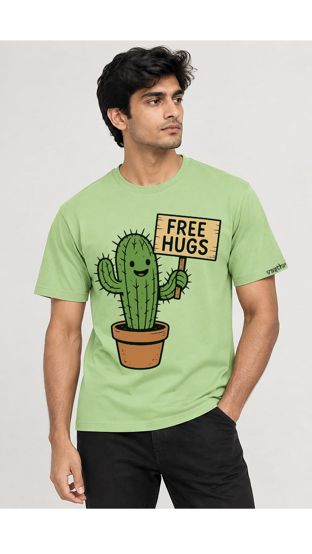 Free Hugs Cactus Graphic T-Shirt for Men – Cute Cactus Print Green Casual Tee - Vasthr