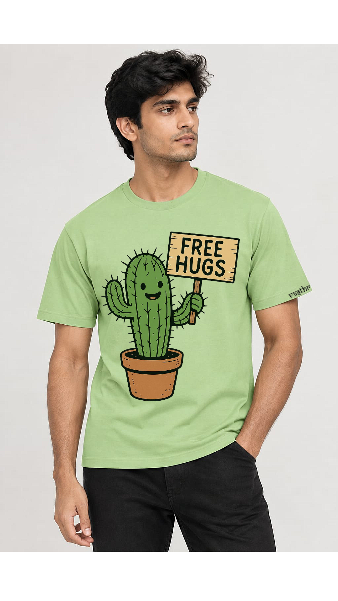 Free Hugs Cactus Graphic T-Shirt for Men – Cute Cactus Print Green Casual Tee - Vasthr