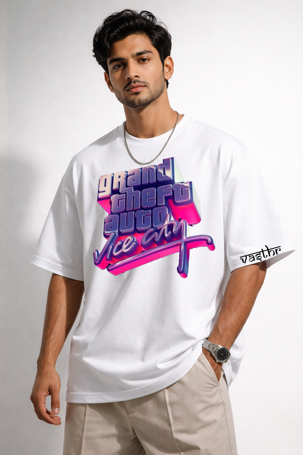 Vasthr GTA Vice City Neon Retro Oversized T-Shirt (White)