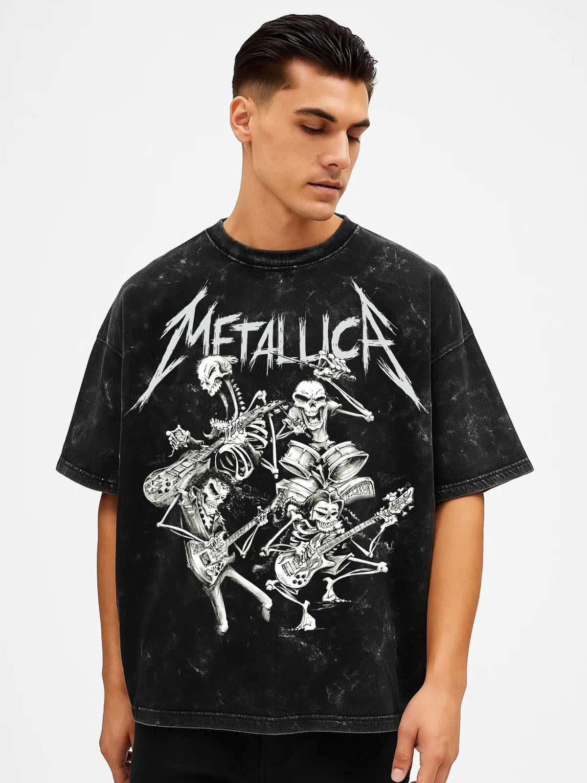 Oversized Rock Band Skeleton Graphic T-Shirt for Men | Vintage Washed Black | Streetwear Edition | Vasthr