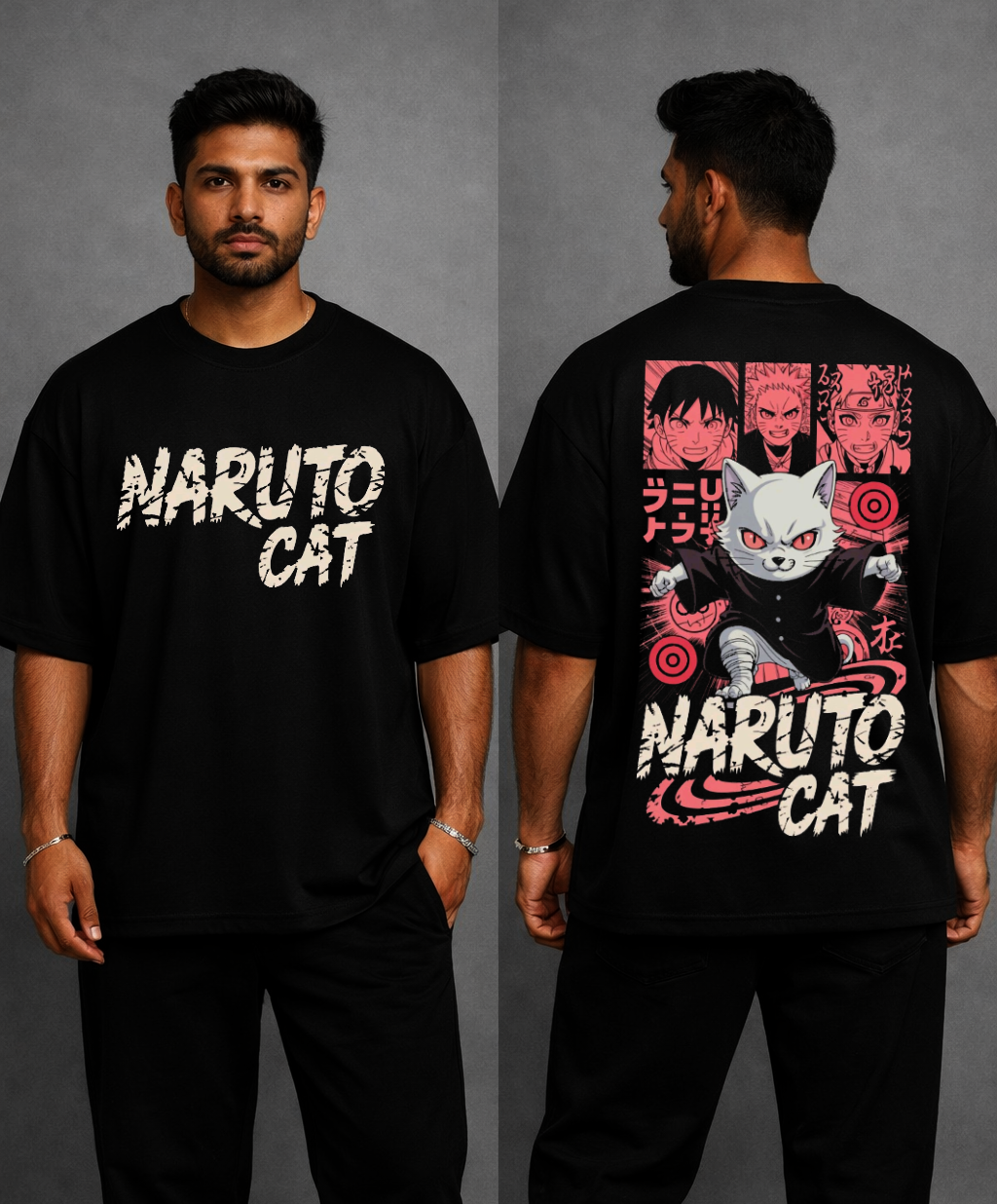 Naruto Cat Oversized T-Shirt – Anime Street Fusion Edition – Black by Vasthr