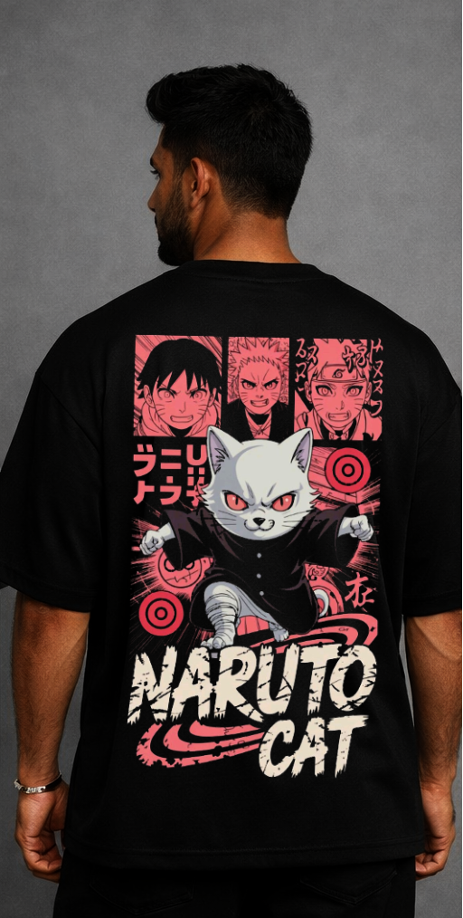 Naruto Cat Oversized T-Shirt – Anime Street Fusion Edition – Black by Vasthr