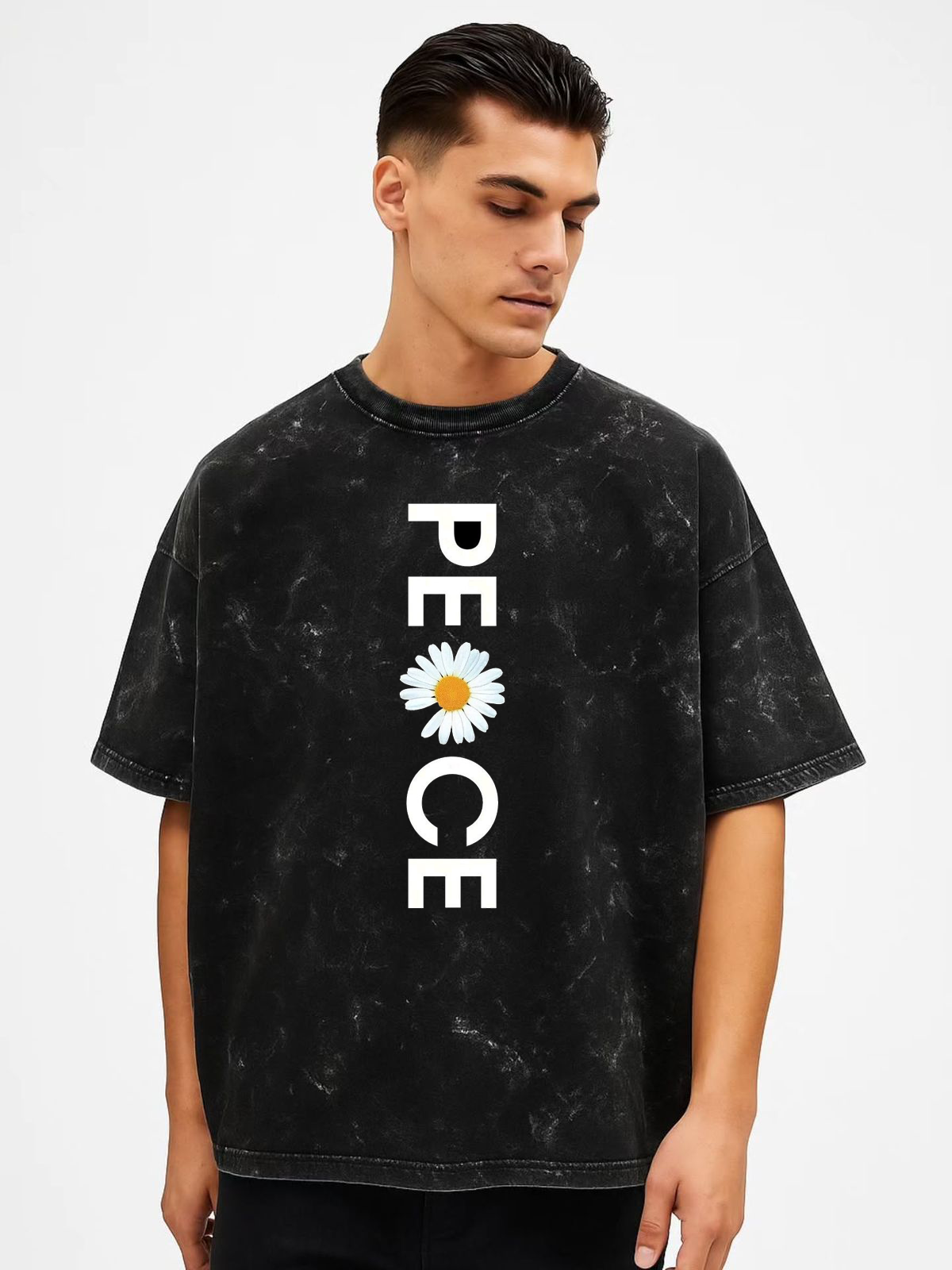PEACE Daisy Oversized Unisex T-Shirt –  Aesthetic Streetwear Washed Acid Black by Vasthr