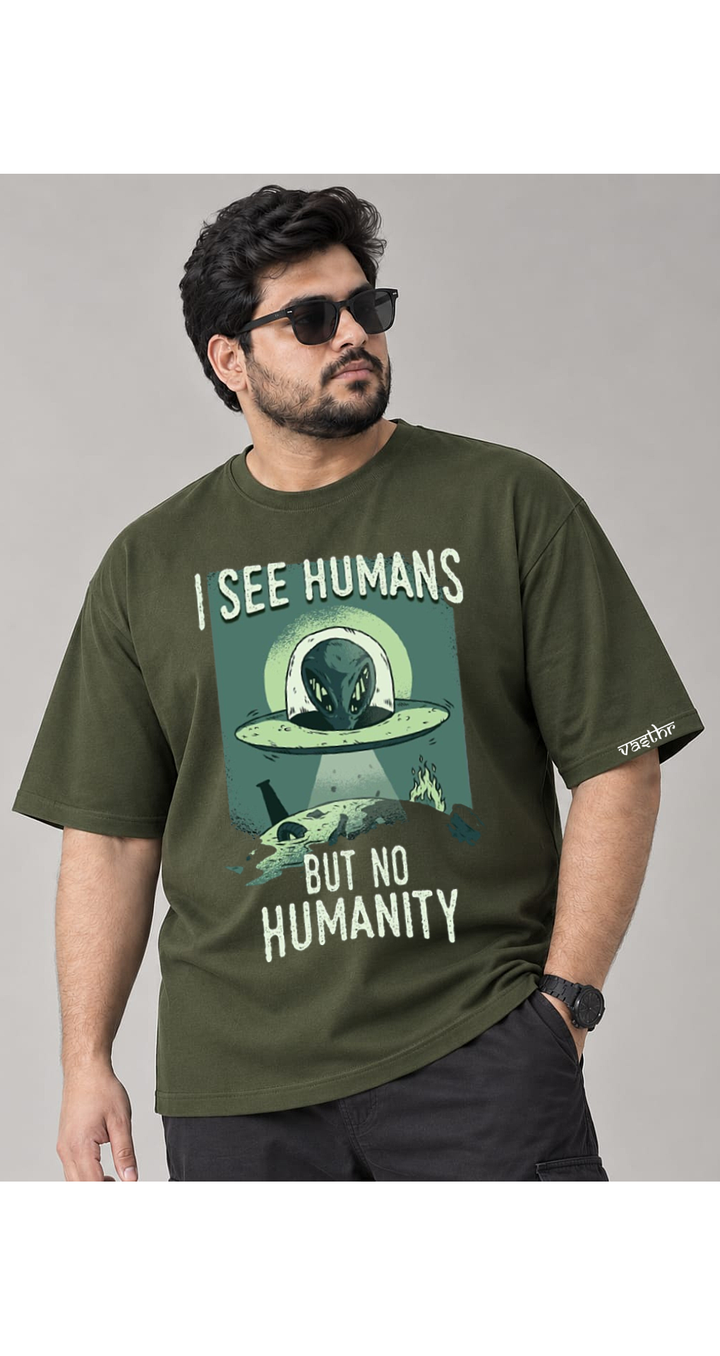 I SEE HUMANS Oversized T-Shirt - Olive Green - Vasthr