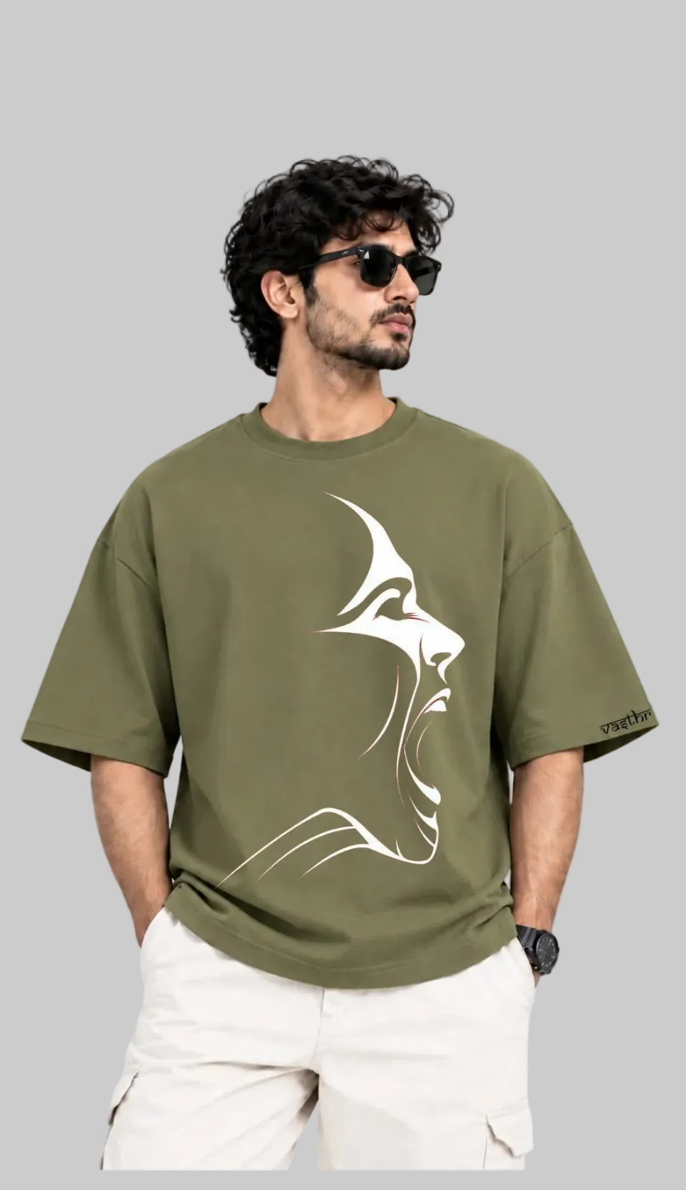 Abstract Face Oversized T-Shirt – Olive Green - Vasthr