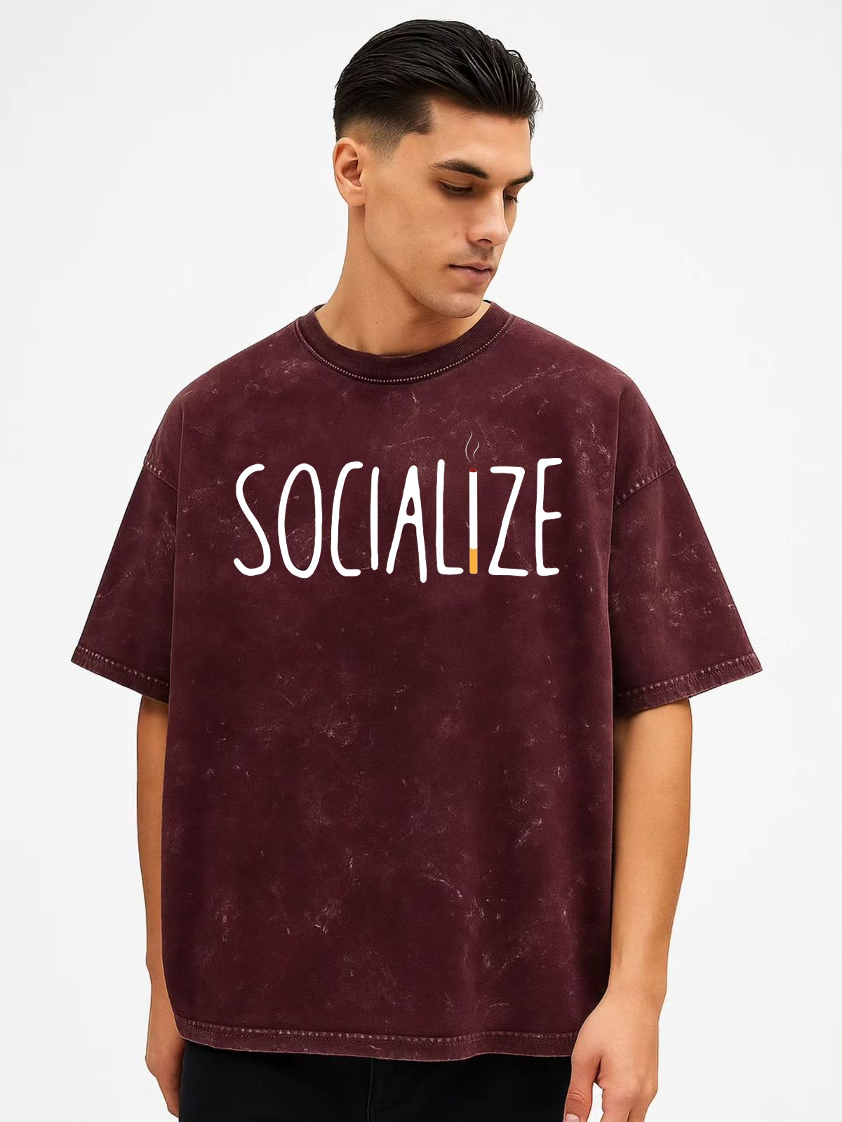 SOCIALIZE Oversized Statement Unisex T-Shirt – Maroon Acid Washed Streetwear by Vasthr