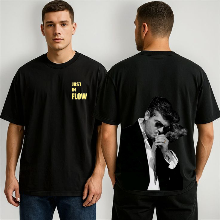 Men’s “JUST IN FLOW” Just like Thala (Ajith Kumar) evergreen start of South Industry Oversized T-Shirt – Premium 240 GSM Heavyweight | Attitude Back Print Streetwear by Vasthr