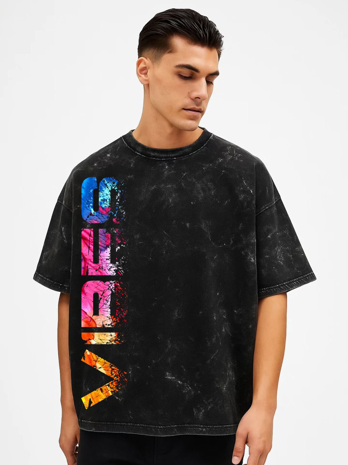 VIBES Oversized Acid Wash T-Shirt for Men – Black Streetwear Tee  Premium Cotton | Vertical Graphic Print | Relaxed Fit