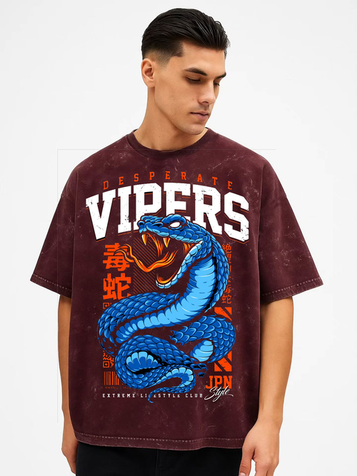 Acid Wash Desperate Vipers Snake Graphic Maroon T-Shirt – Bold Streetwear for Trendsetters by Vasthr