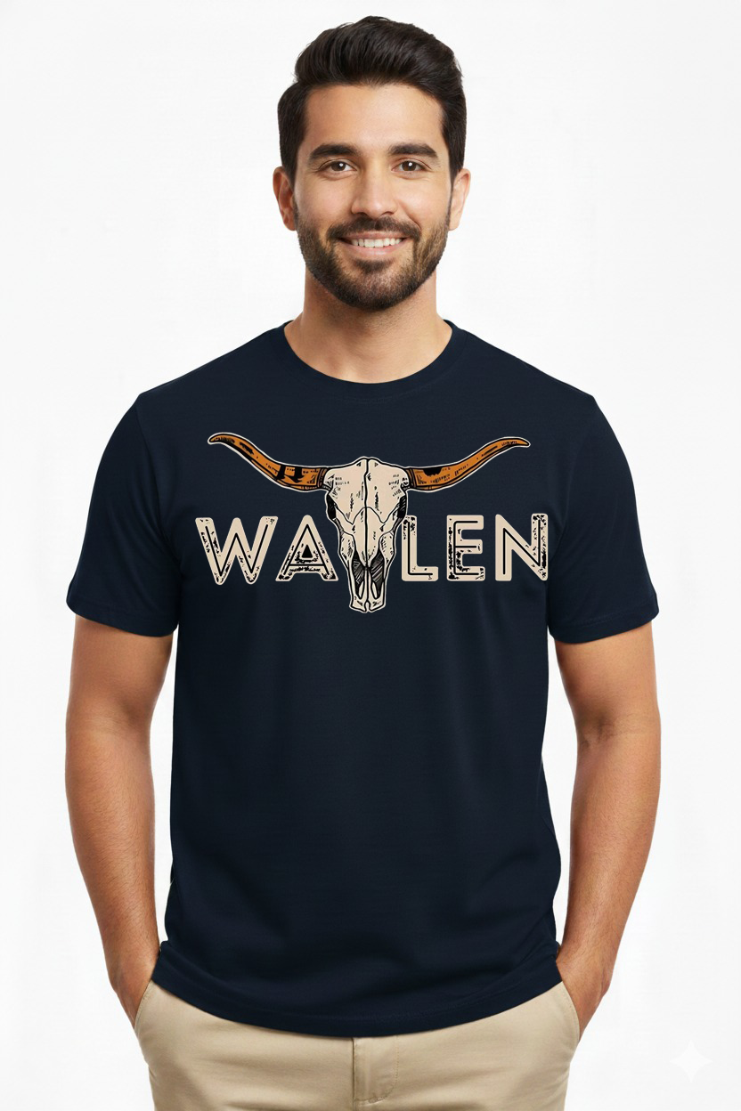 WALEN Western Longhorn Graphic T-Shirt for Men (Navy Blue)  Premium Cotton Tee | Cowboy Western Skull Print | Trendy Casual Wear by Vasthr