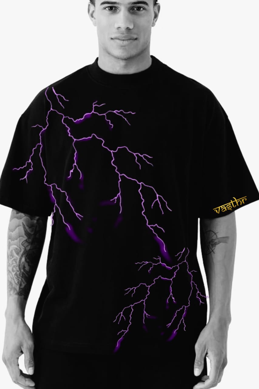 Vasthr "Purple Lightning" Oversized Black T-Shirt – Electrify Your Streetwear Style ⚡