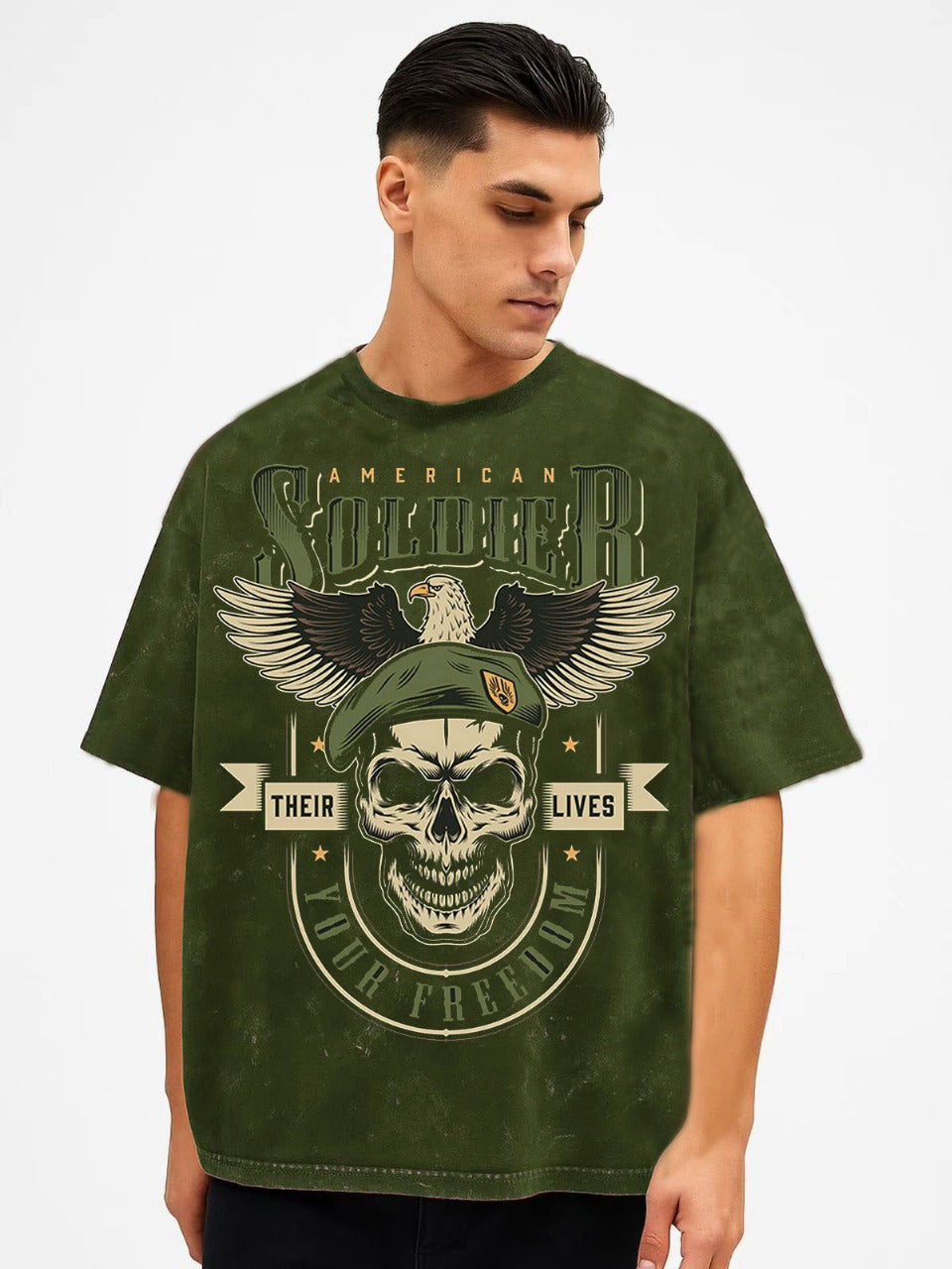 Vasthr “American Soldier” Oversized T-shirt – Military Green | Streetwear Graphic Tee for Men