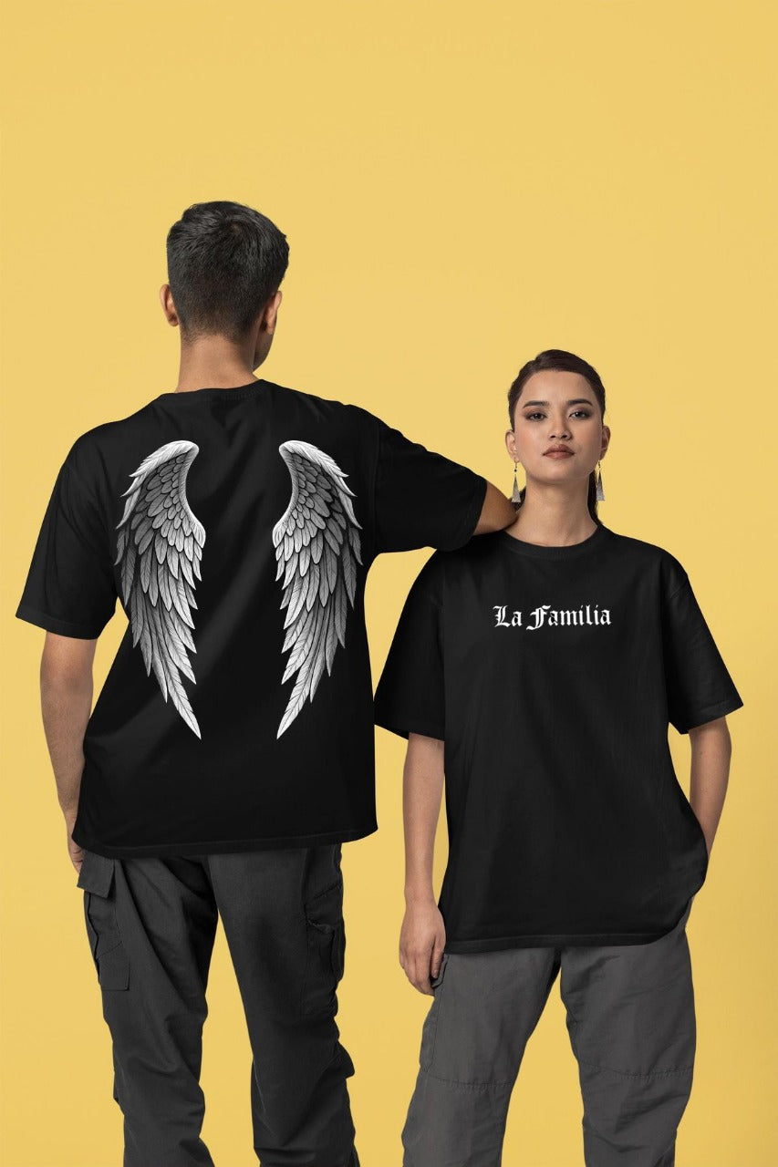 Vasthr “La Familia” Oversized T-shirt – Angel Wings Back Print | Unisex Streetwear Tee