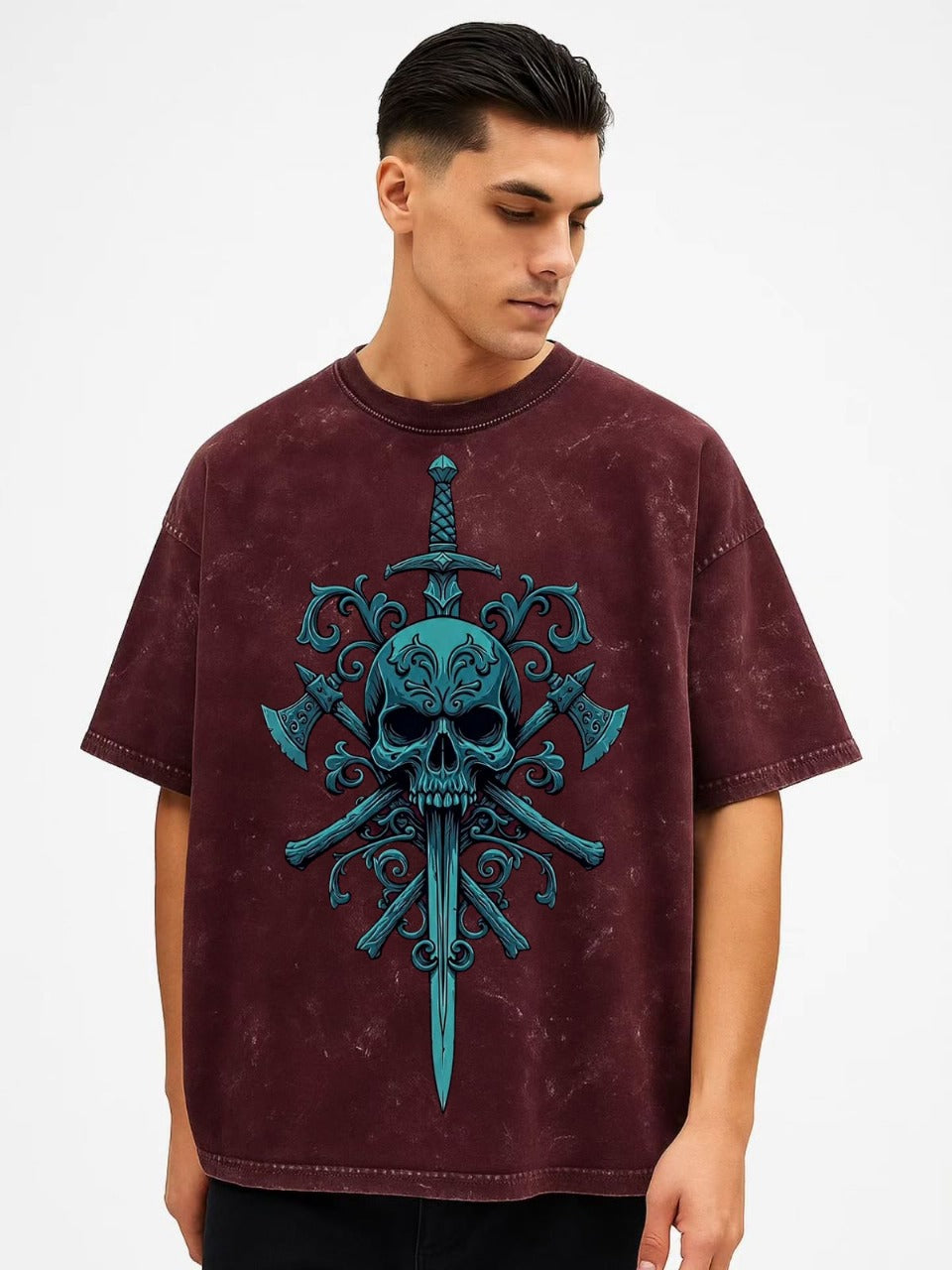 Vasthr “Warrior Skull & Blades” Oversized T-shirt – Maroon Vintage Wash | Streetwear Graphic Tee for Men