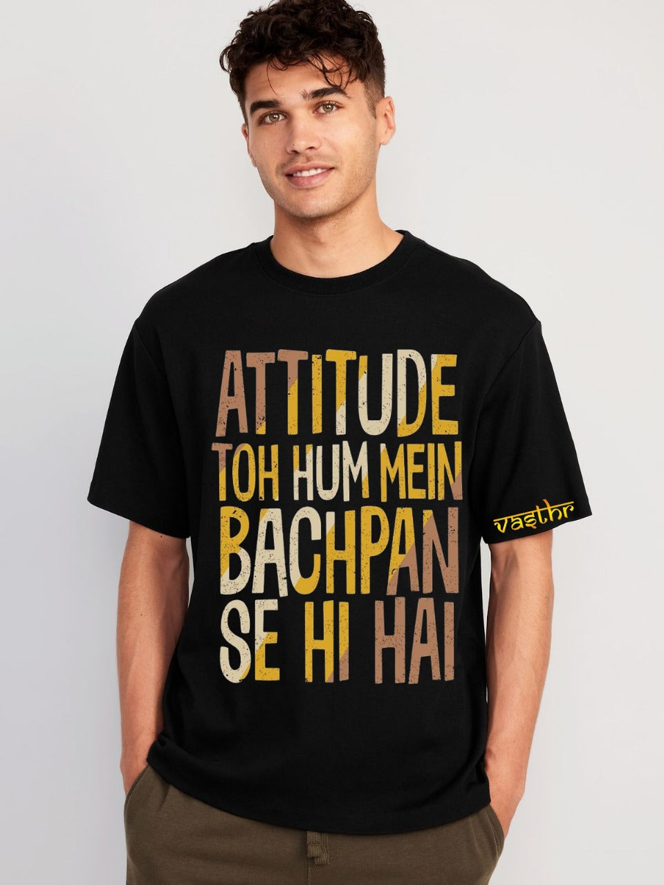 Vasthr “Attitude Toh Hum Mein Bachpan Se Hi Hai” Oversized T-Shirt for Men & Women | Funny Hindi Quote Graphic Tee | Black Cotton Streetwear