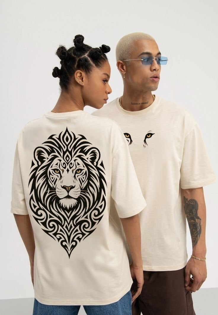 Tribal Lion Oversized Unisex T-Shirt – Premium Cotton | Beige Graphic Tee