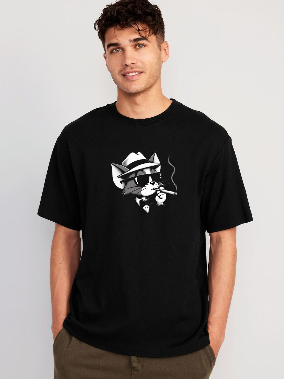 Mafia Cat Graphic Oversized Black T-Shirt for Men – Premium Cotton | Trendy Streetwear Tee