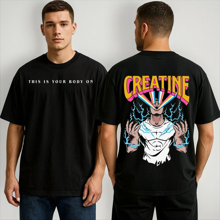 CREATINE Oversized Gym T-Shirt | “This Is Your Body On” Anime Graphic Tee for Men | Workout, Fitness, Bodybuilding Wear