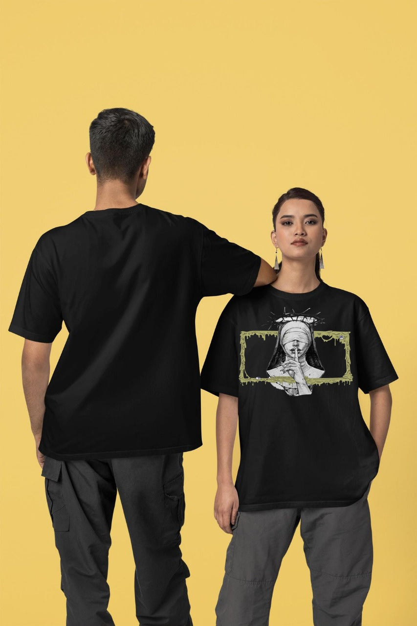 Unisex Black Oversized Graphic T-Shirt – “Silent Nun” Artistic Illustration | Vasthr Streetwear Collection
