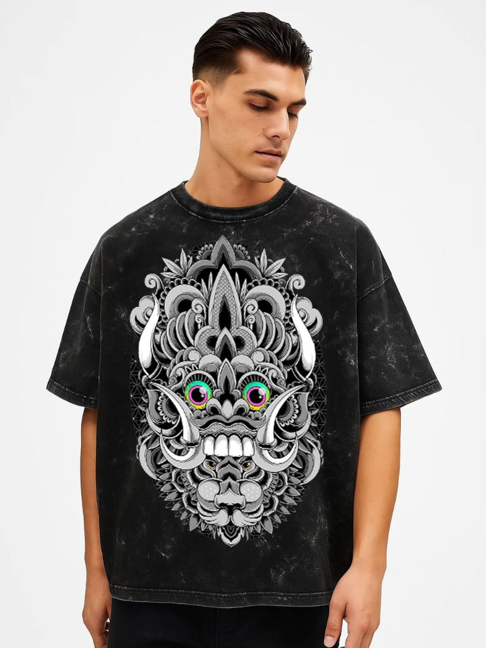 Men’s Mythical Demon Mask Oversized Acid Wash T-Shirt – Premium Streetwear | Vasthr