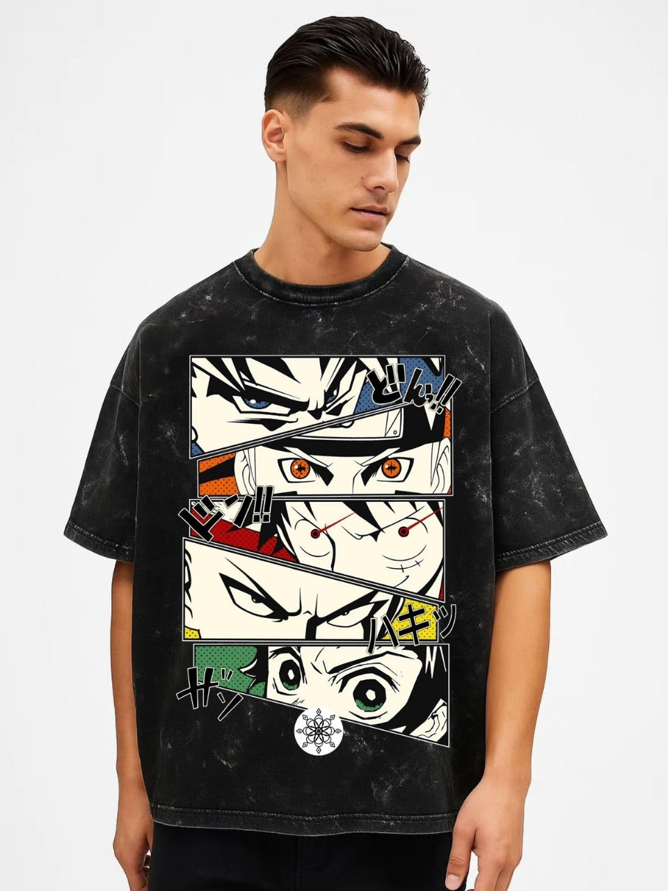 Demon Slayer Anime Eyes Oversized Graphic T-Shirt – Premium Washed Black Cotton | Vasthr
