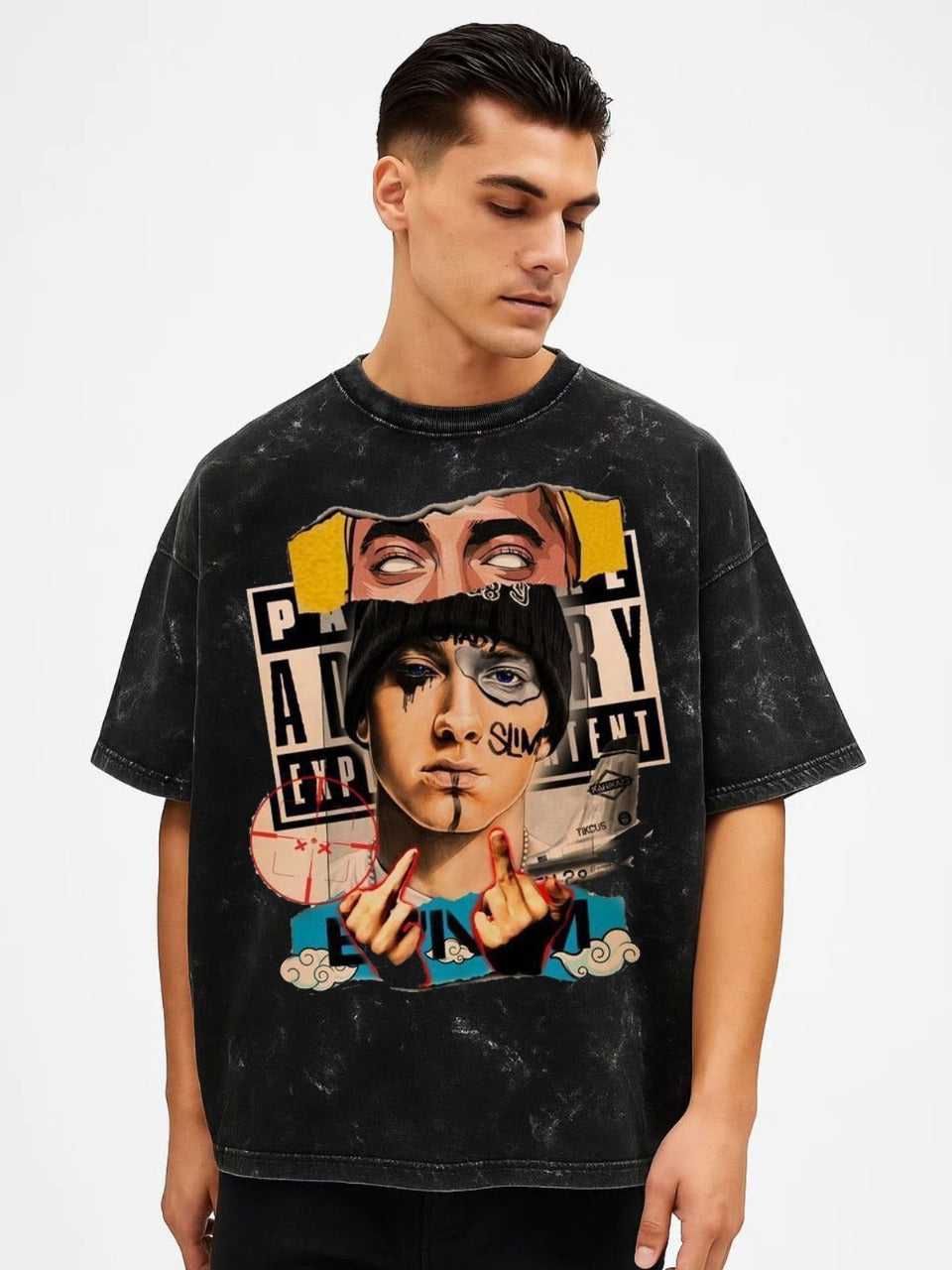 Oversized Graphic Streetwear T-Shirt for Men – Vintage Black Washed Tee with Bold Urban Art Print | Vasthr