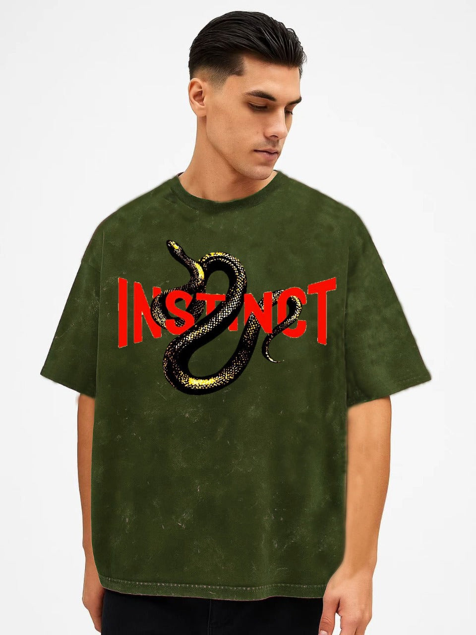 Men’s Oversize Snake Graphic T-Shirt – Olive Green Vintage Washed INSTINCT Printed Streetwear Tee | Vasthr