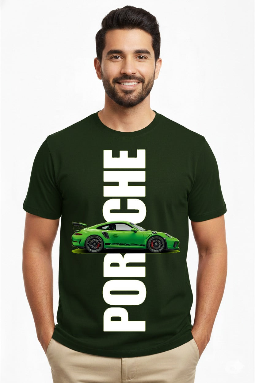 Men’s Green Porsche Car Graphic T-Shirt – Premium Cotton Supercar Printed Tee | Vasthr