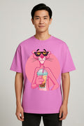 Men’s Oversize Pink Graphic T-Shirt – Trendy Bubble Tea with Pink Panther Cartoon Print | Premium Cotton Streetwear by Vasthr