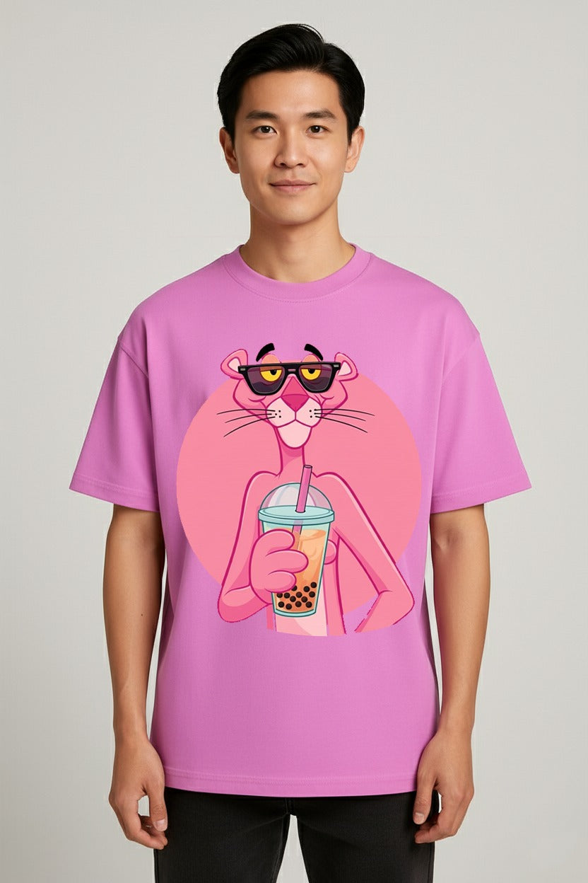 Men’s Oversize Pink Graphic T-Shirt – Trendy Bubble Tea with Pink Panther Cartoon Print | Premium Cotton Streetwear by Vasthr