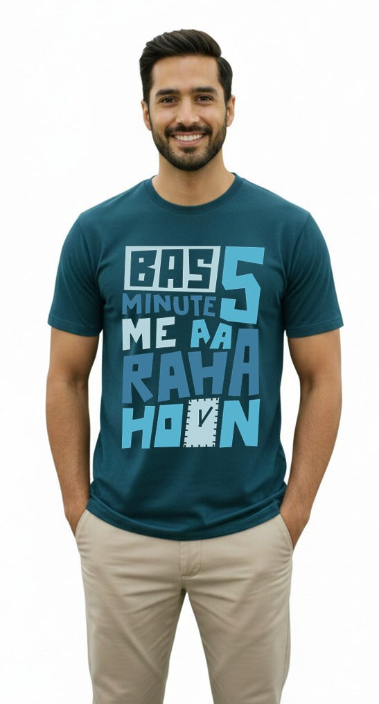 Bas 5 Minute Me Aa Raha Hoon T-Shirt for Men – Blue Casual Tee  Premium Cotton | Hindi Typography Print | Everyday Comfort by Vasthr
