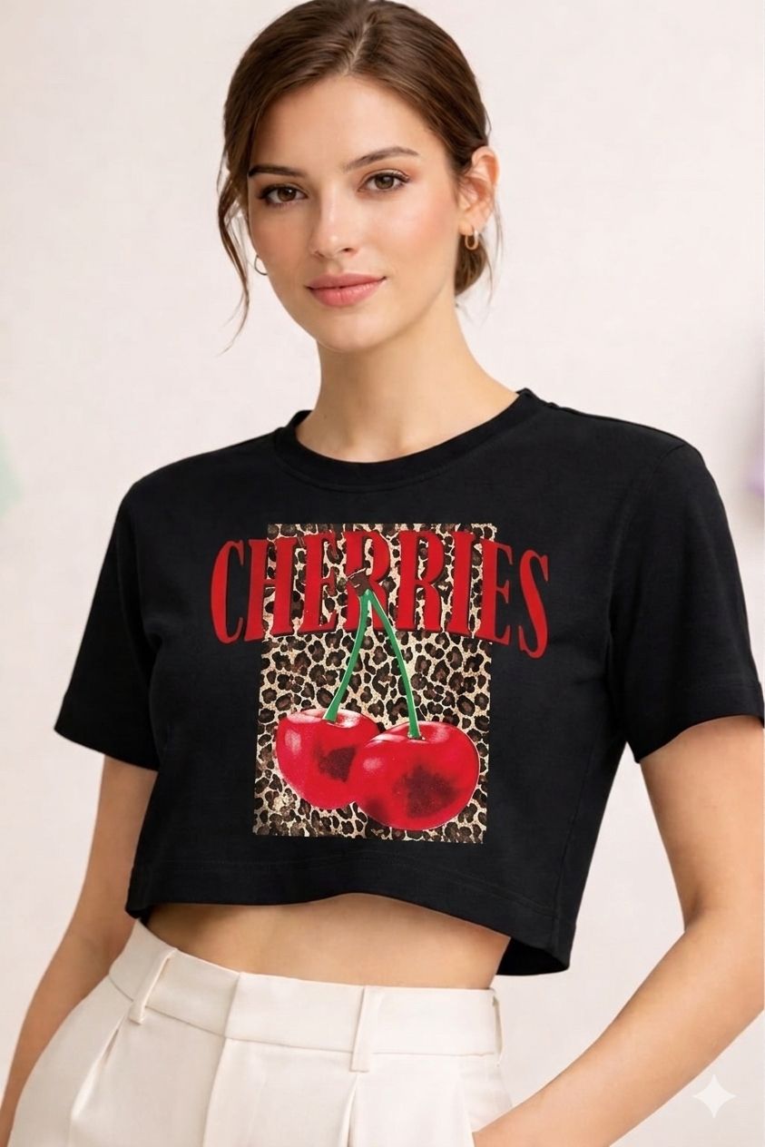 “Cherries” Graphic Crop T-Shirt – Black by Vasthr