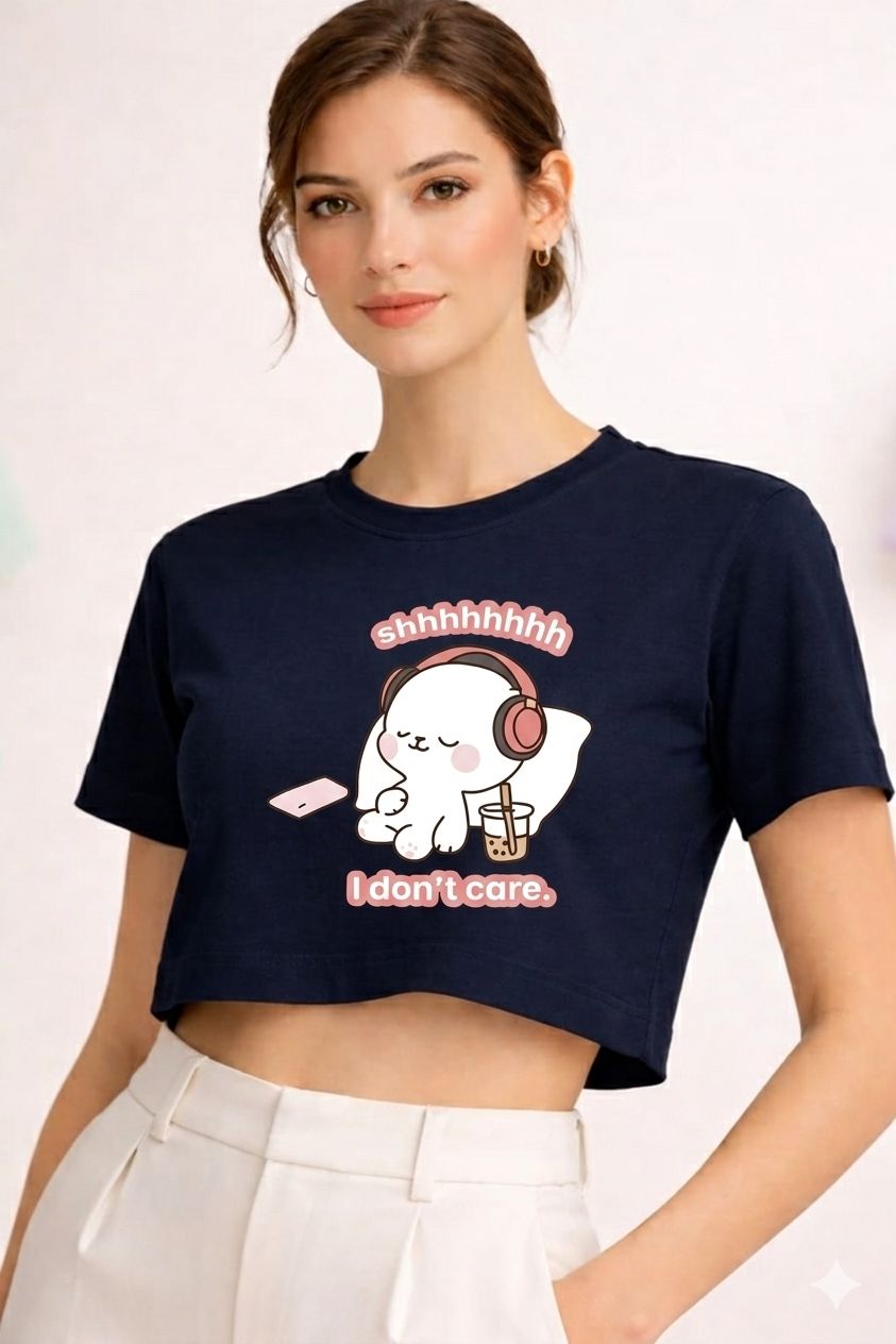 Vasthr “Shhh… I Don’t Care” Cute Graphic Crop T-Shirt – Navy blue