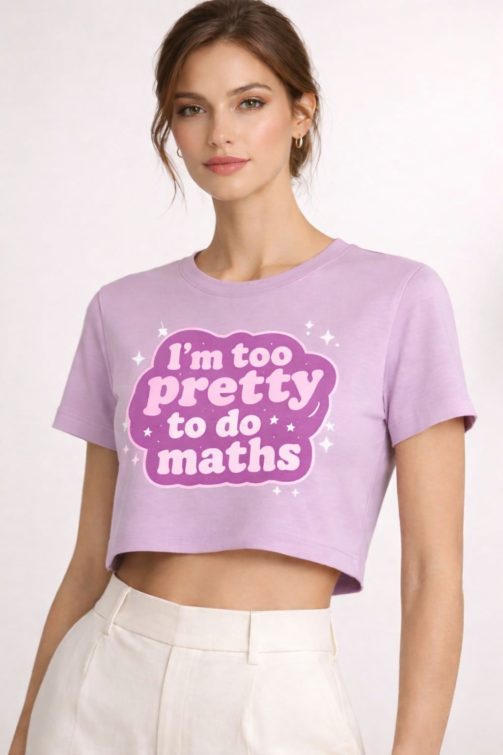 Too Pretty To Do Maths Crop Top – Cute Lavender Graphic Crop Tee for Women by Vasthr