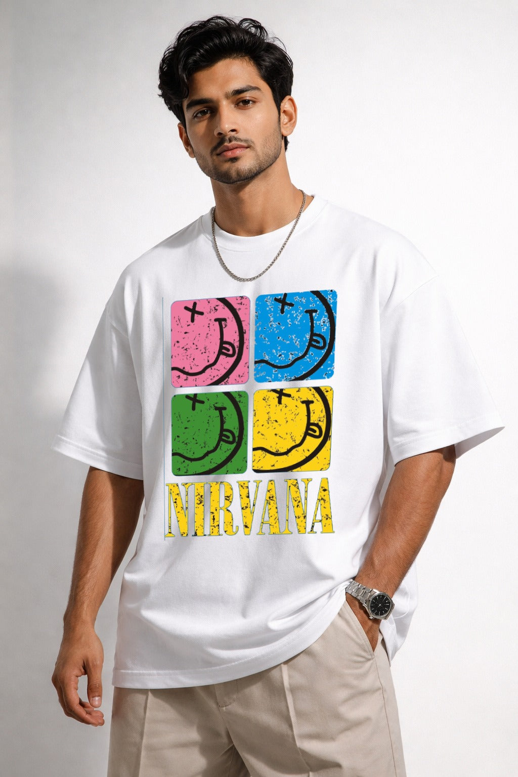 Nirvana Pop Smile Oversized Graphic T-Shirt by Vasthr