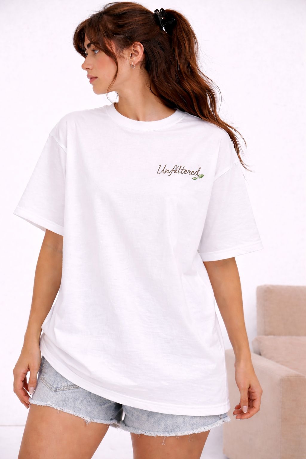 “Unfiltered Nature” Floral Back Graphic Oversized T-Shirt – White Edition by Vasthr