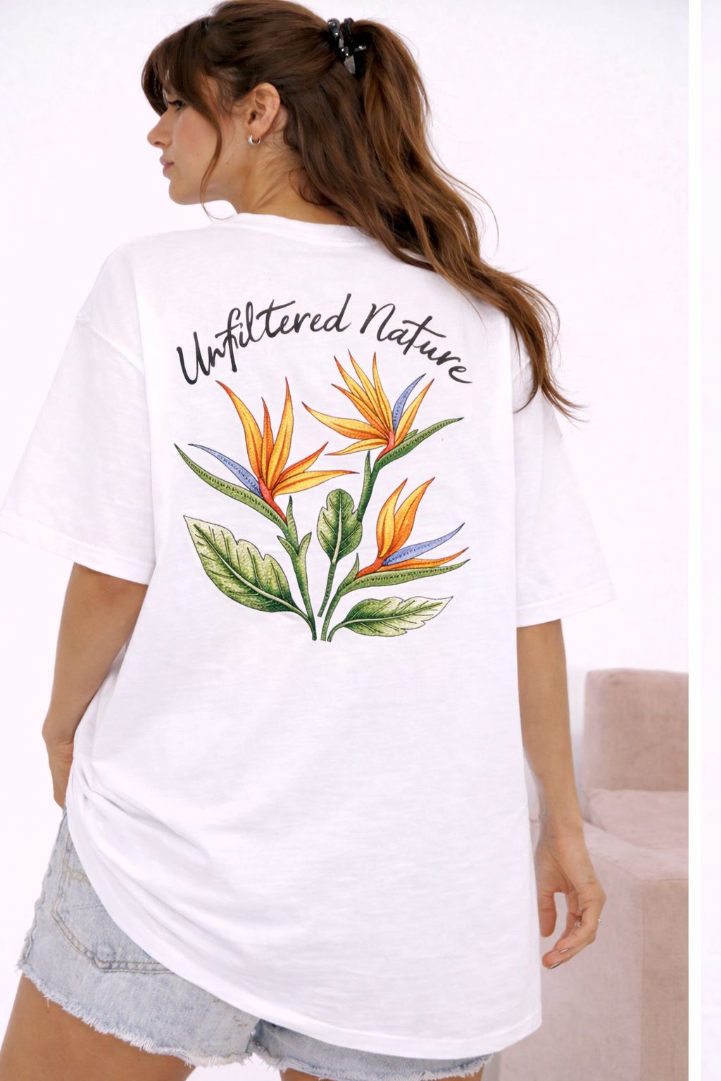 “Unfiltered Nature” Floral Back Graphic Oversized T-Shirt – White Edition by Vasthr