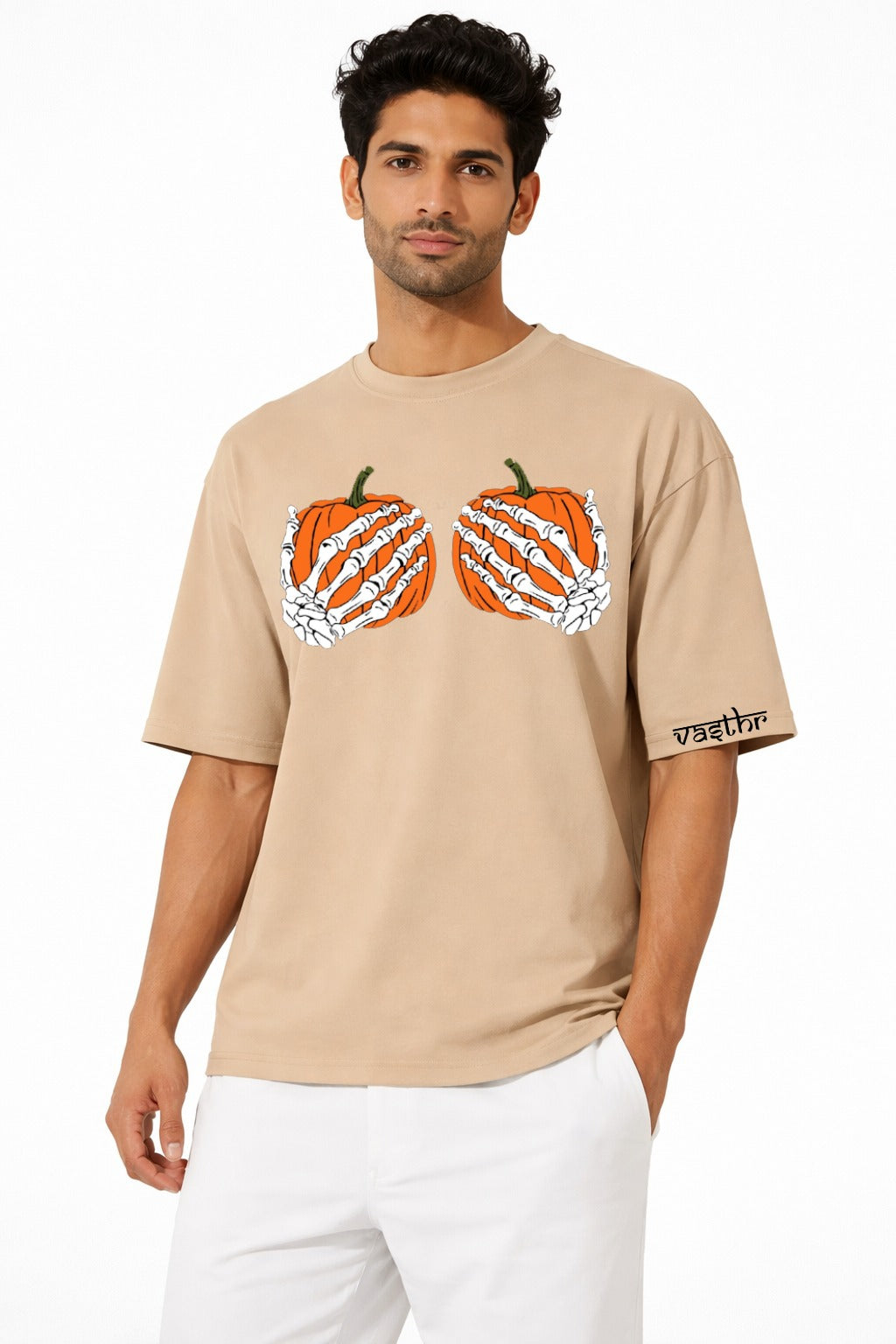 Vasthr “Skeleton Pumpkin” Oversized T-Shirt (Beige)
