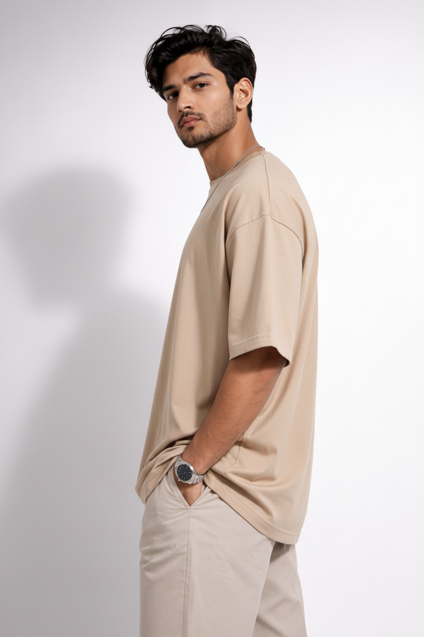 Vasthr Essential Beige Oversized T-Shirt – Core Streetwear Edition