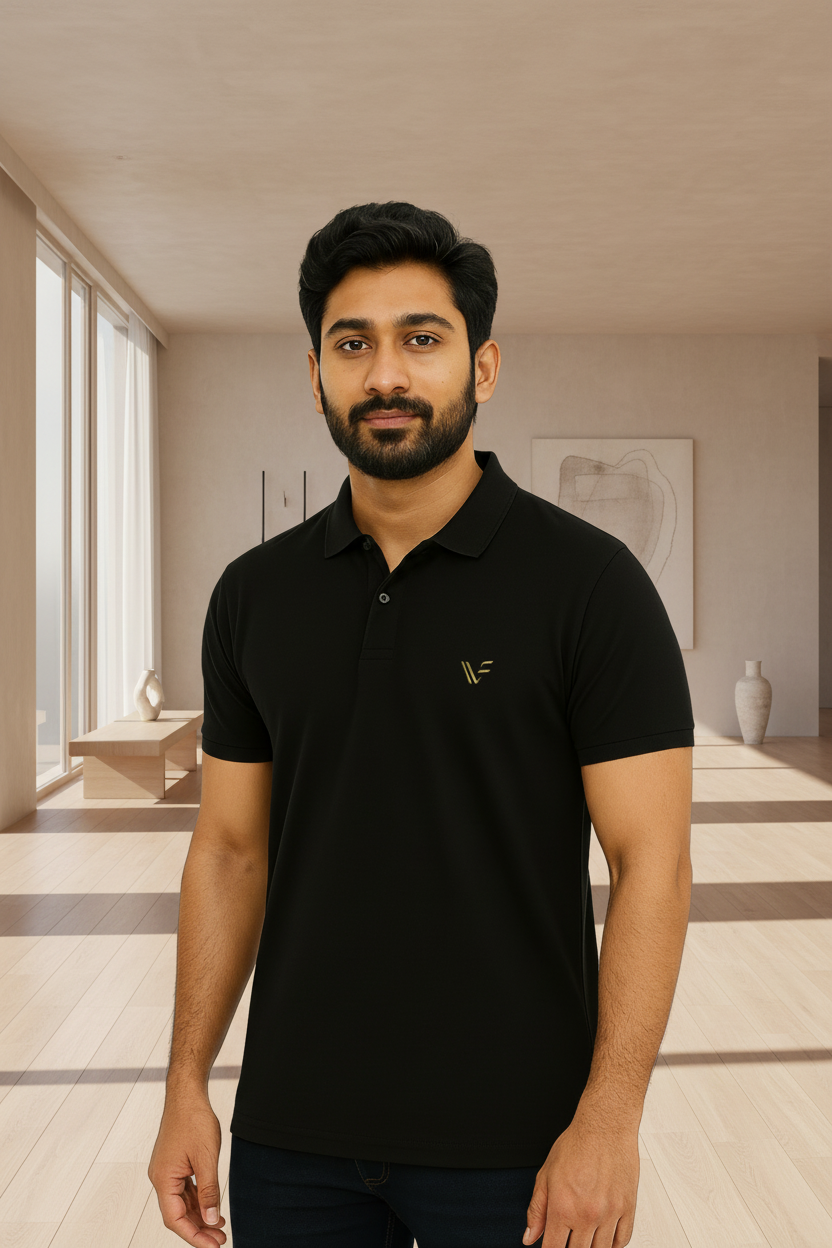 Man wearing a black polo shirt with a logo on a white background