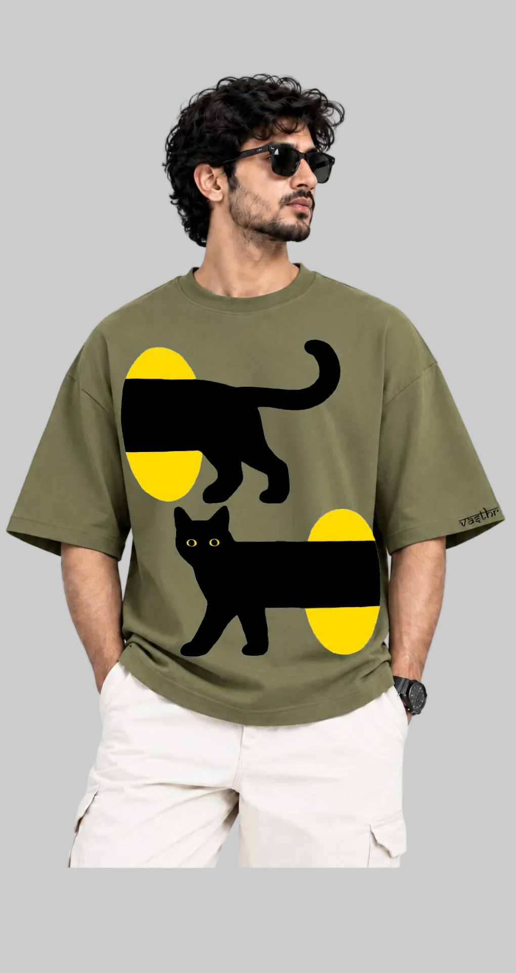 MIDNIGHT CATS Oversized T-Shirt - Olive Green - Vasthr