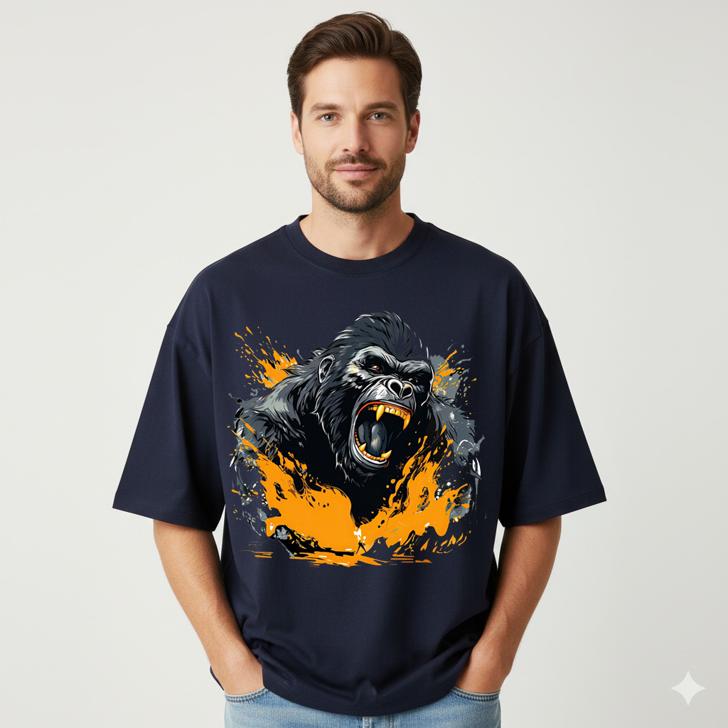 Oversized Gorilla Graphic T-Shirt for Men | Streetwear Bold Print | Navy Blue