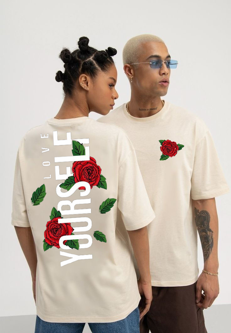 Love Yourself Rose Oversized T-Shirt for Men & Women (Cream Beige)